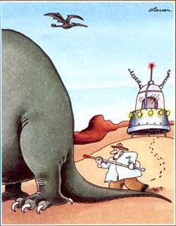 Gary Larson 'Far Side' cartoon: Professor Waxman and his time machine are obliterated, leaving the cold-blooded/warm-blooded dinosaur debate unresolved.